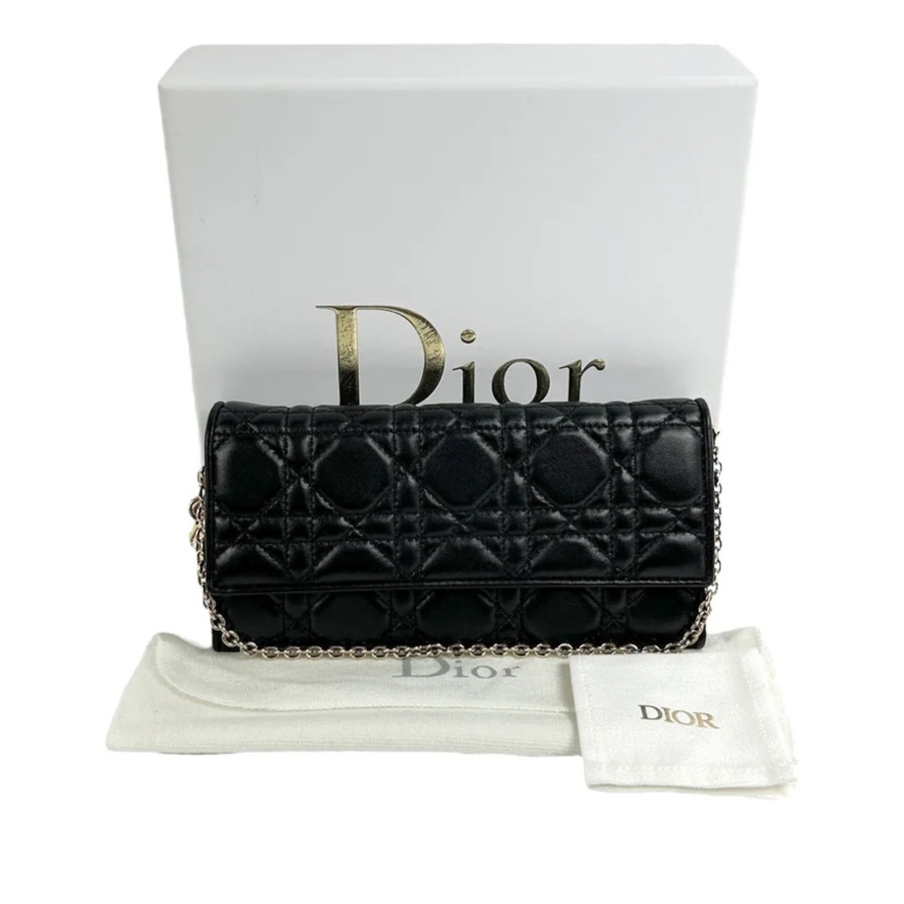 Black Lady Dior Cannage Quilted Wallet with Gold Hardware